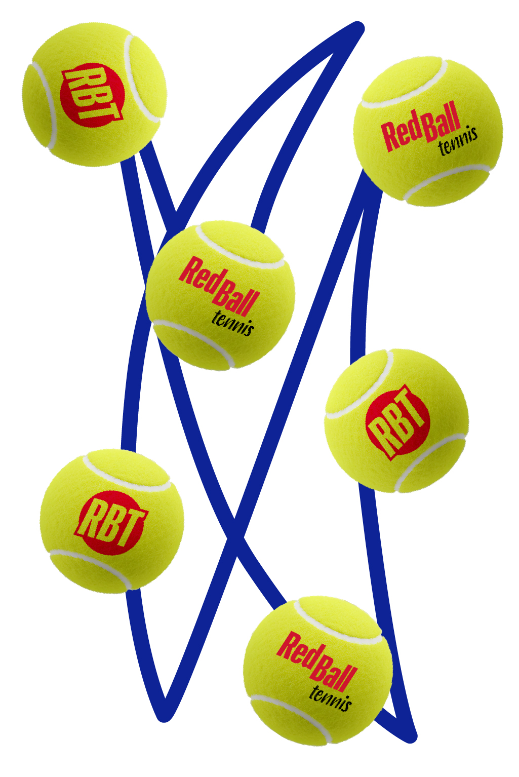 Six Tennis balls that say Red Ball Tennis with a blue zig-zag graphic line behind them
