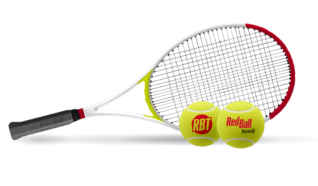 Tennis racquet with two tennis balls in front of it that say Red Ball Tennis