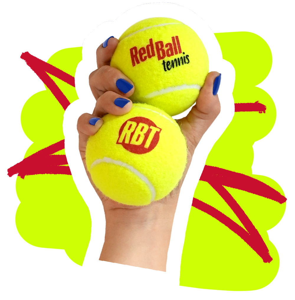 A hand holding two tennis balls one saying "Red ball tennis" and the other "RBT" with red and yellow graphics behind it